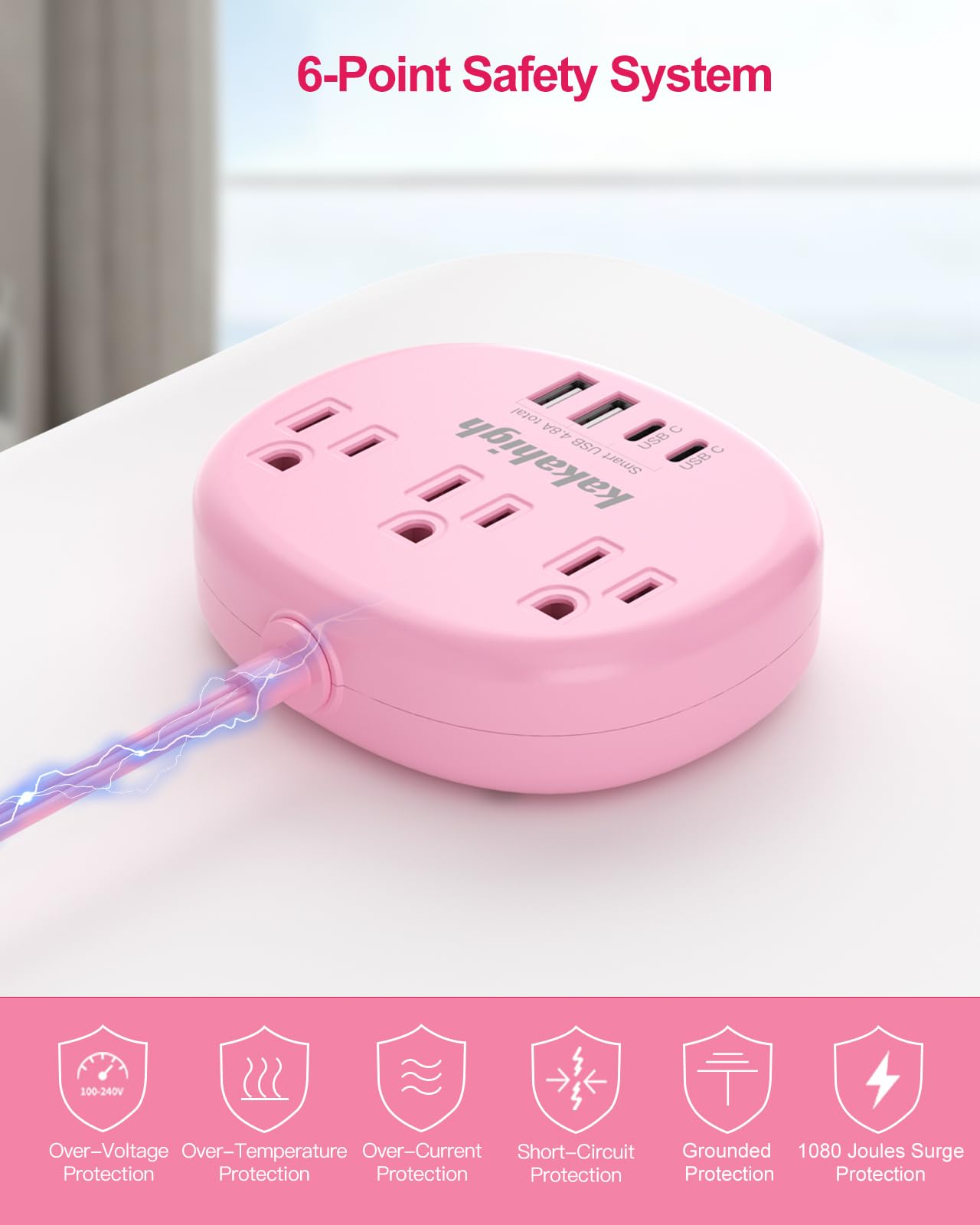 kakahigh Pink Extension Cord with USB C - 5 FT Kawaii Power Strip - kakahigh Official Product View 8