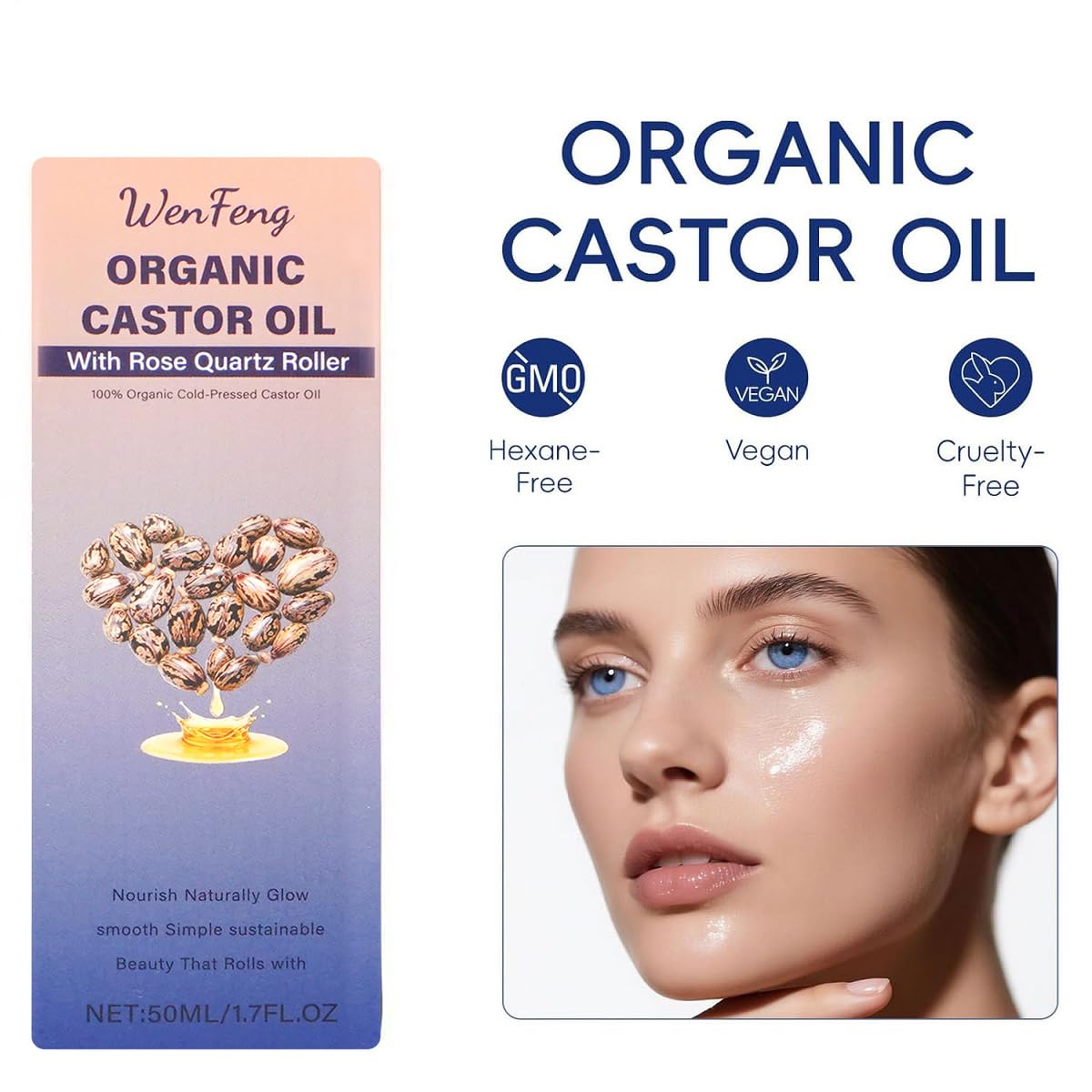 WenFeng Organic Castor Oil Roll On with Rose Quartz Roller Ball - WenFeng Official Product View 9