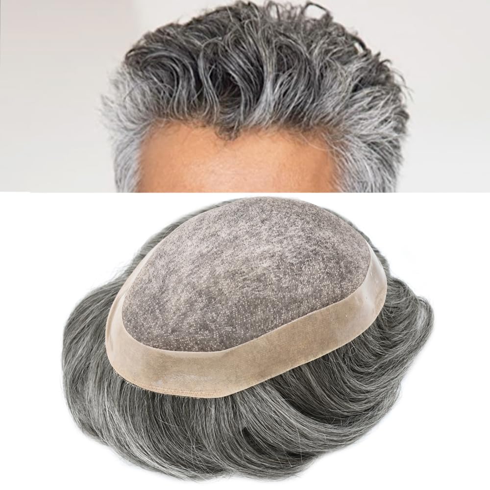 Curve Hair Mens Toupee Human Hair Piece Replacement System Monofilament Wig Hair Unit for Men Durable Poly Coated Mens Hairpiece (#1B60 Off Black+60% Gray, 7"X9")