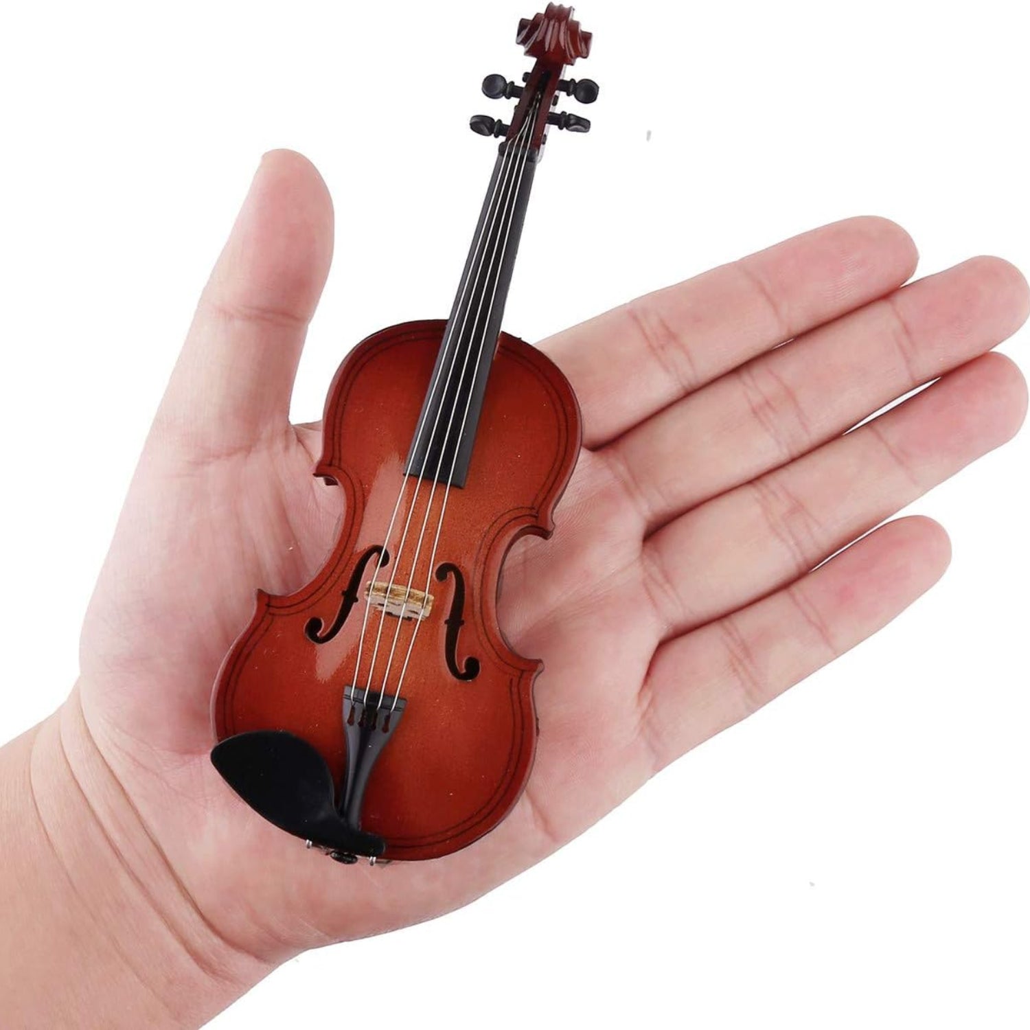Miniature Dselvgvu violin with stand, bow, and case, measuring 6.31"x2.24"x0.98" for display or collection.