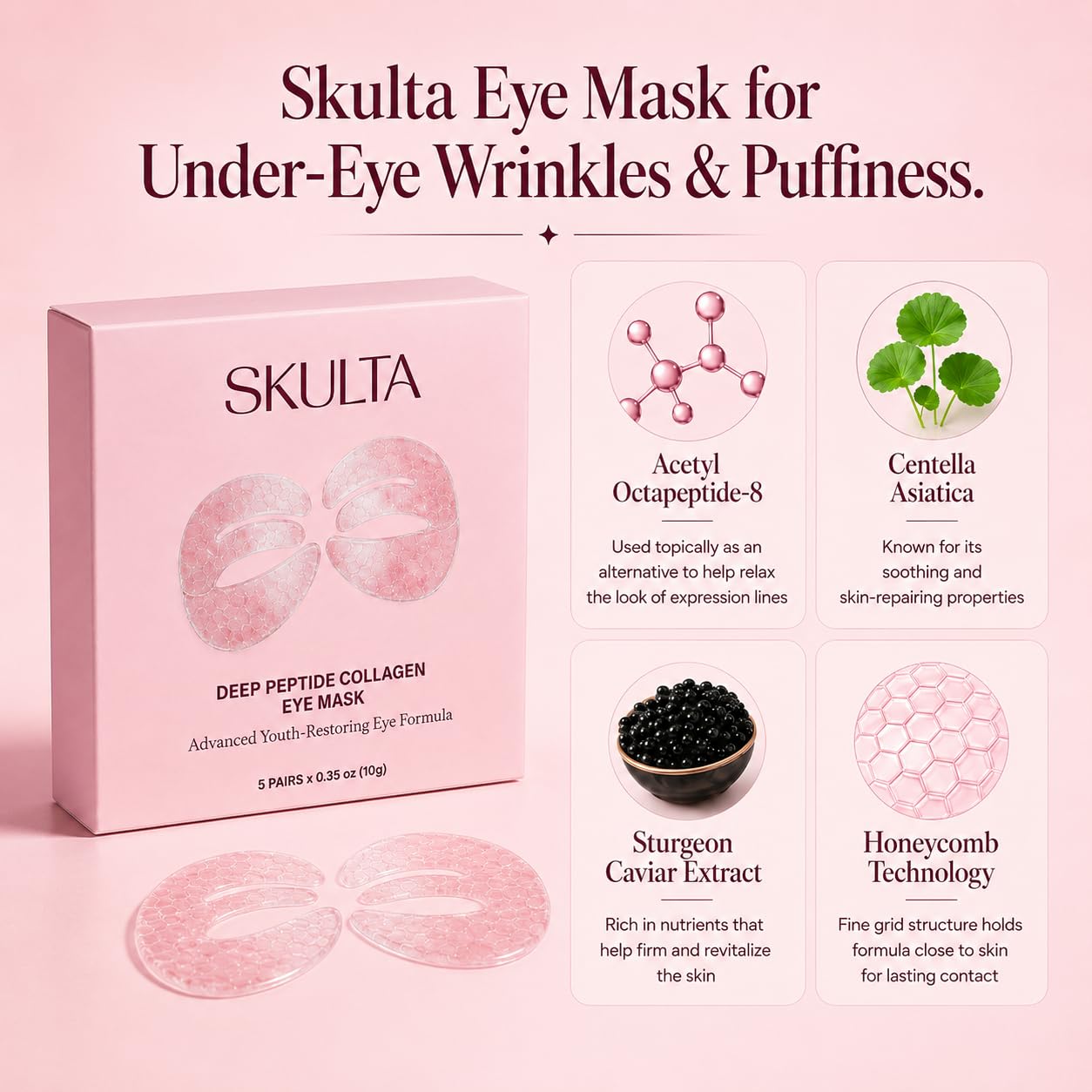 Deep Peptide Collagen Eye Mask, 3-Piece Full Eye Contour Patches, Collagen Eye Mask Patches for Under Eyes, Eyelids & Brow Area (5 Pairs) - SKULTA Official Product View 3