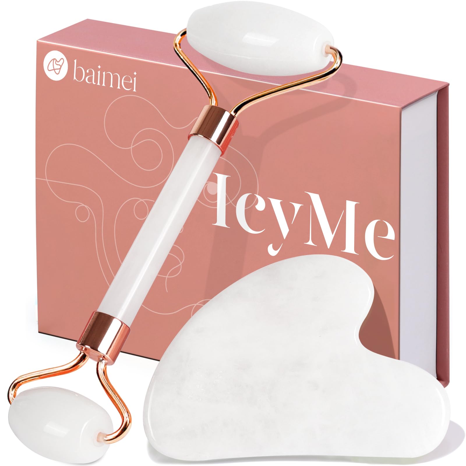 BAIMEI IcyMe Jade Roller & Gua Sha Facial Tool Set for Face Depuffing