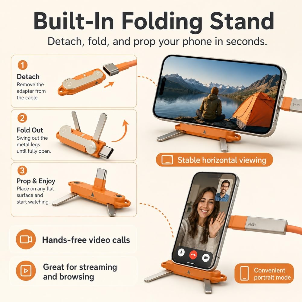 Phone Charger 240W Silicone Cable with 2 in 1 Detachable Stand 480Mbps Data Transfer Speed 90° Angle Universal Type-C for Smartphone Tablet Laptop