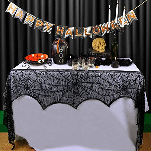 Halloween Decoration Black Lace Spiderweb Fireplace Mantle Scarf - Product Imagery