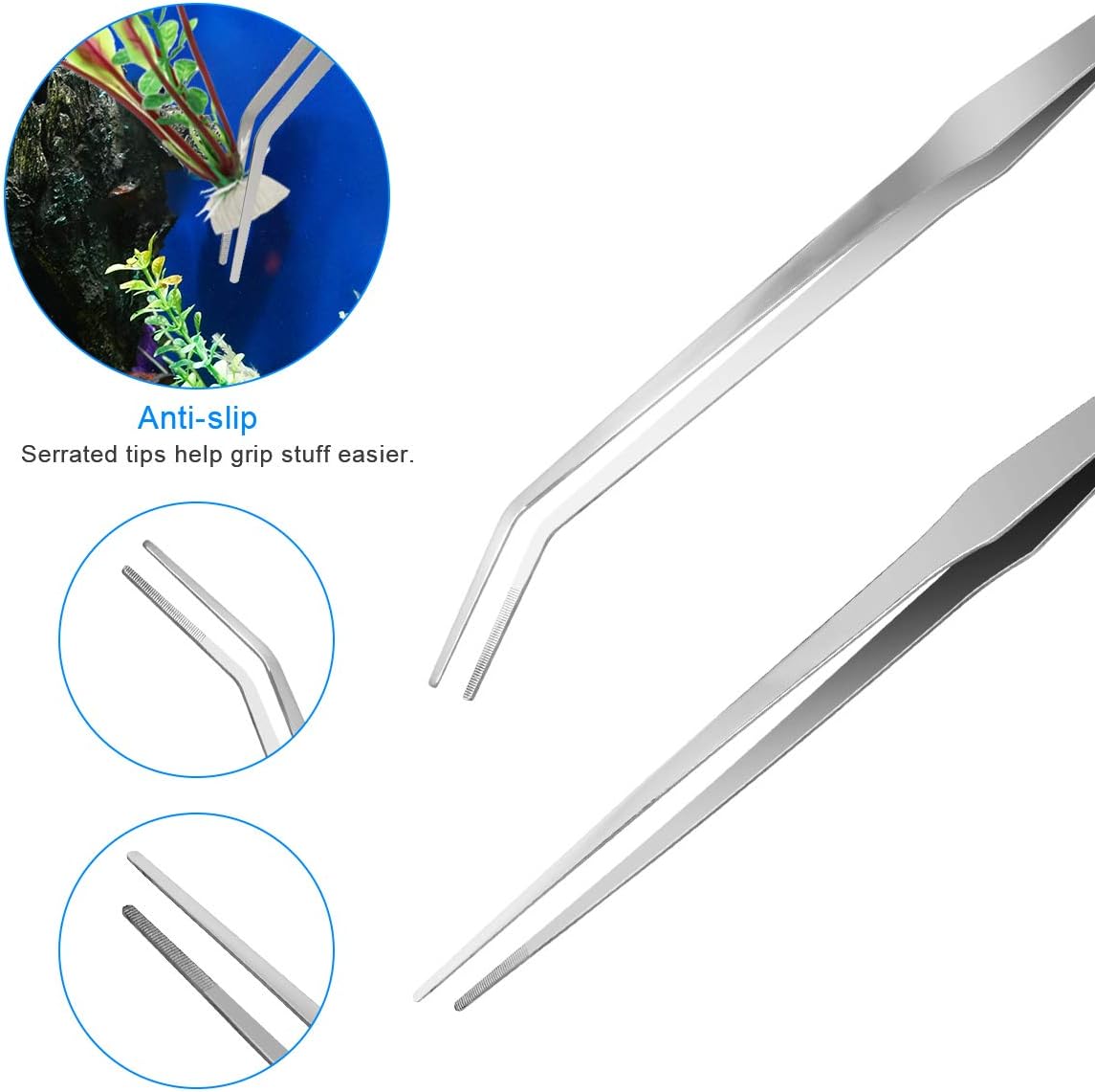 Liveek 8-in-1 extra long aquarium aquascaping tools kit with stainless steel plant tongs, scissors, and tweezers for aquarium planting.