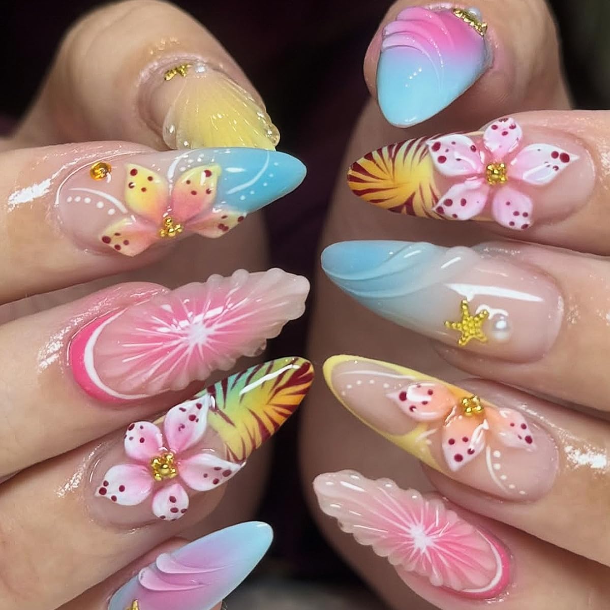 plalely 3D flower press-on nails in almond shape, long length, set of 24 false nails with floral design and 3D accents