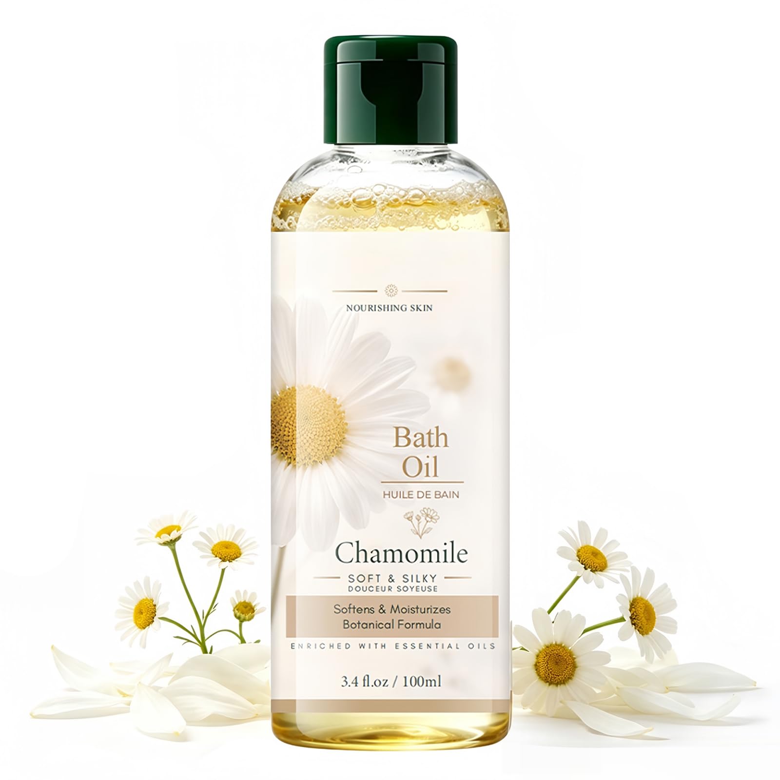 Chamomile Bath Oil, Moisturizing Body Oil for Bath Soaking, Hydrating Bath Oil for Dry Skin, Lightweight, Non-Greasy Silky Nourishing Spa Body Oil for Men & Women, 3.4 fl oz / 100ml