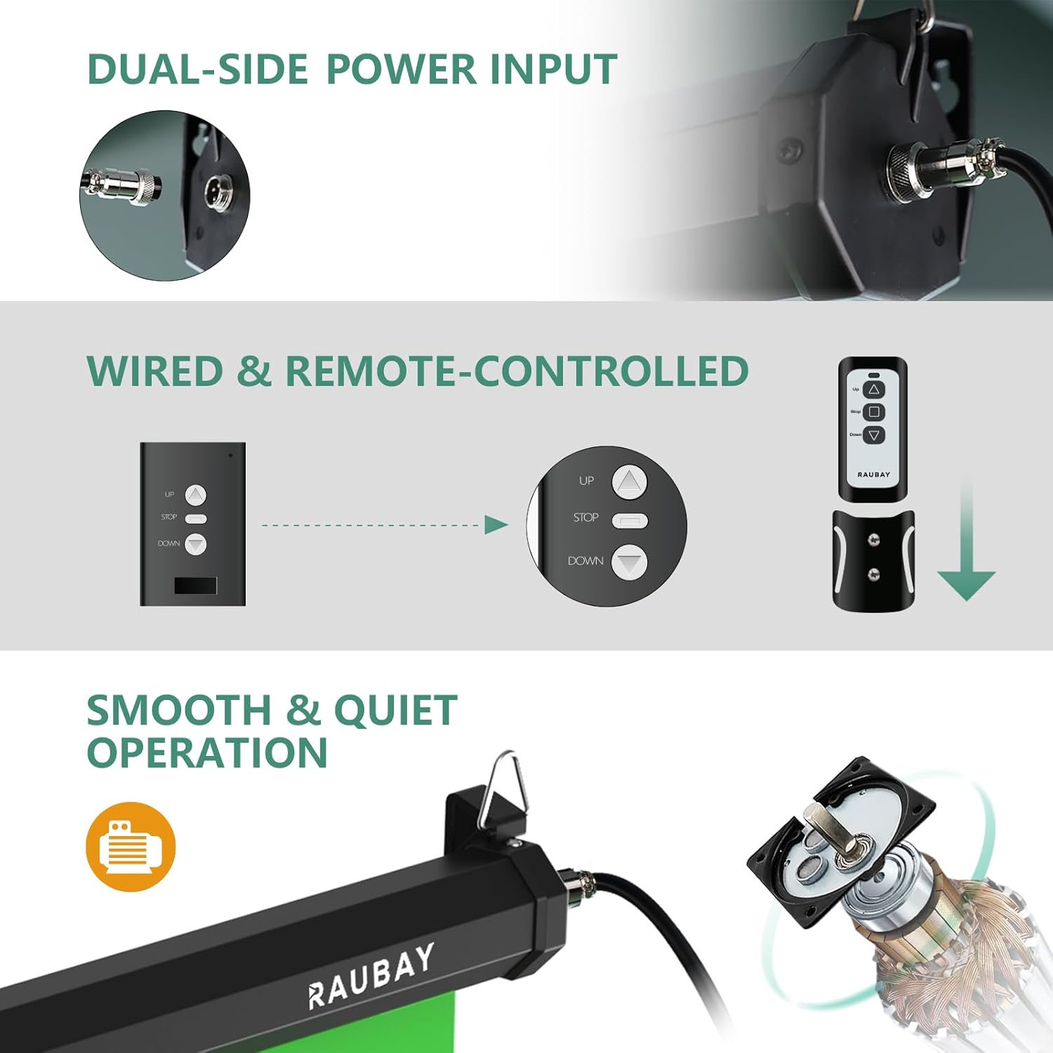 RAUBAY motorized pull-down green screen, 78.7 x 86.6 inches, collapsible wall-mount for video and photography backgrounds.