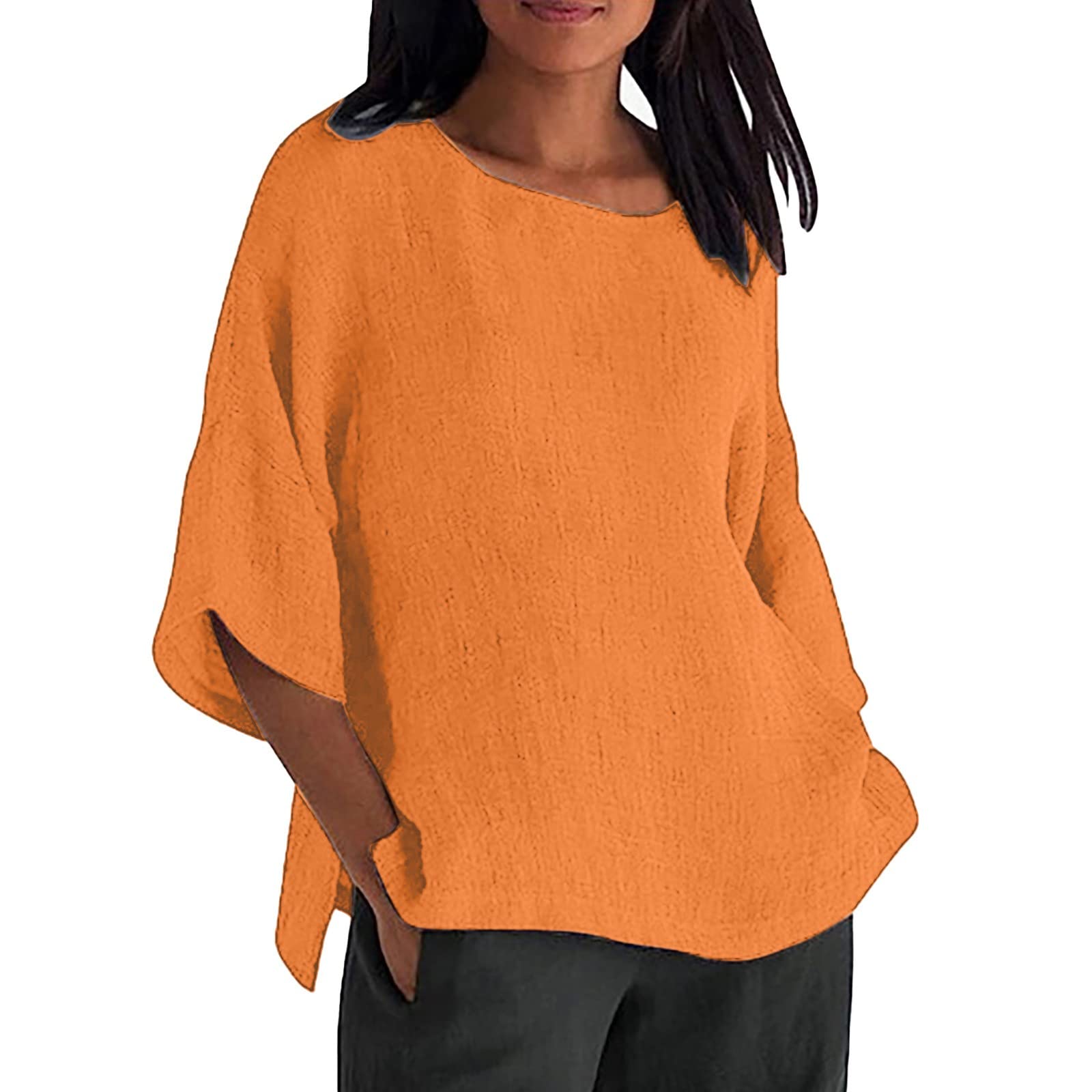 Linen Shirts for Women 2025 Summer Basic Solid Color 3/4 Sleeve Tunic - View 5