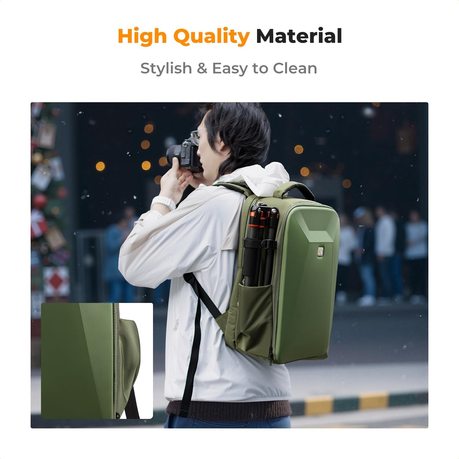 K&F CONCEPT hardshell camera backpack with DSLR camera and lens compartments, designed for secure photography gear storage.