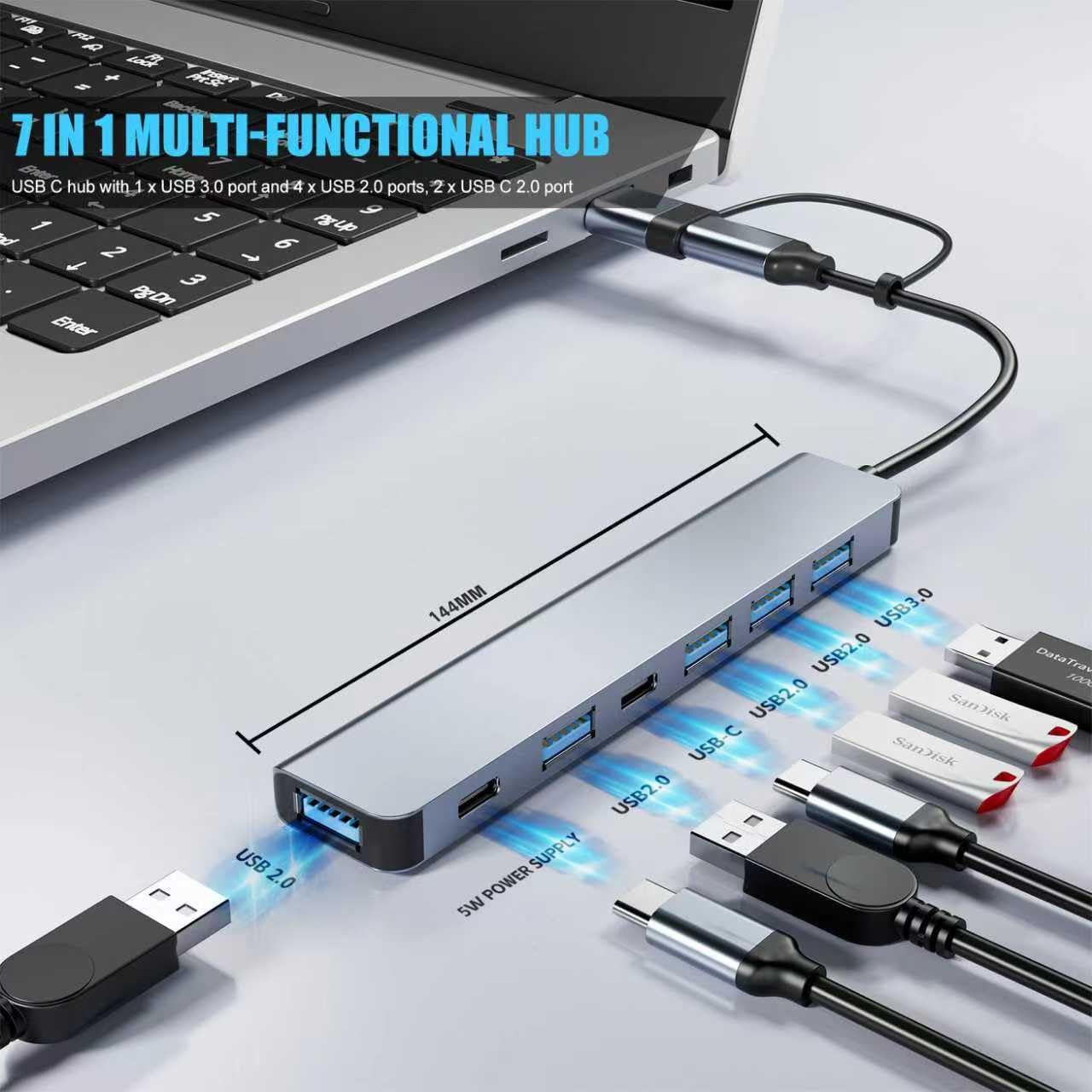 PANPEO 7-in-1 USB C hub with multiple ports including USB 3.0 for MacBook and PC, compact and versatile multiport adapter.