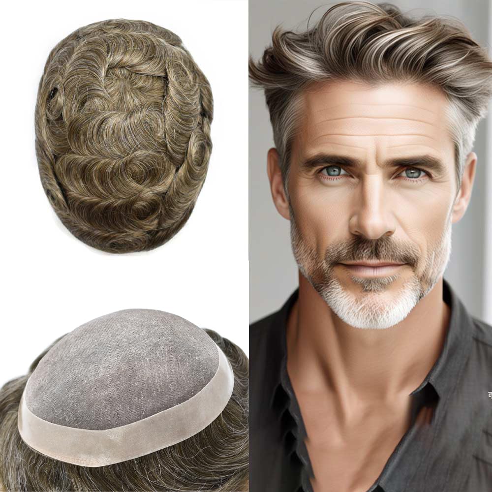 Curve Hair Mens Toupee Human Hair Piece Replacement System Monofilament Wig Hair Unit for Men Durable Poly Coated Mens Hairpiece (#630 Light Brown+30% Gray, 6"X9")