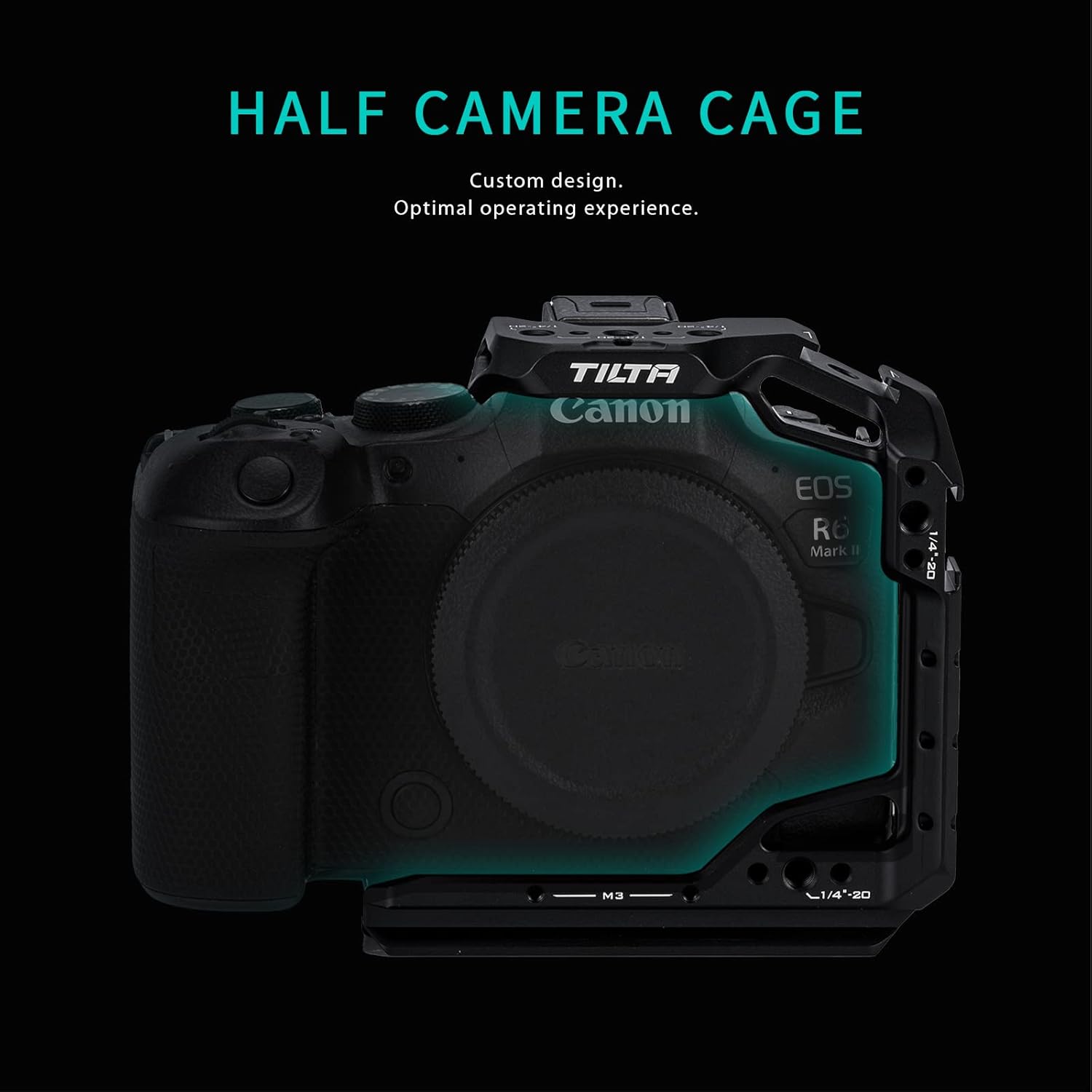 Tilta half camera cage for Canon R6 Mark II with mounting options, made of durable metal for added camera protection and accessory attachment.