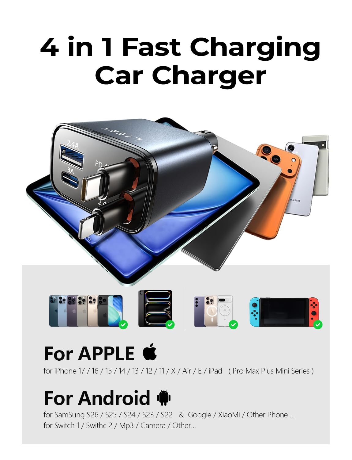 LISEN Retractable Car Charger, 84W Car Charger USB C Fast Charge, 4 in 1 - LISEN Official Product View 7