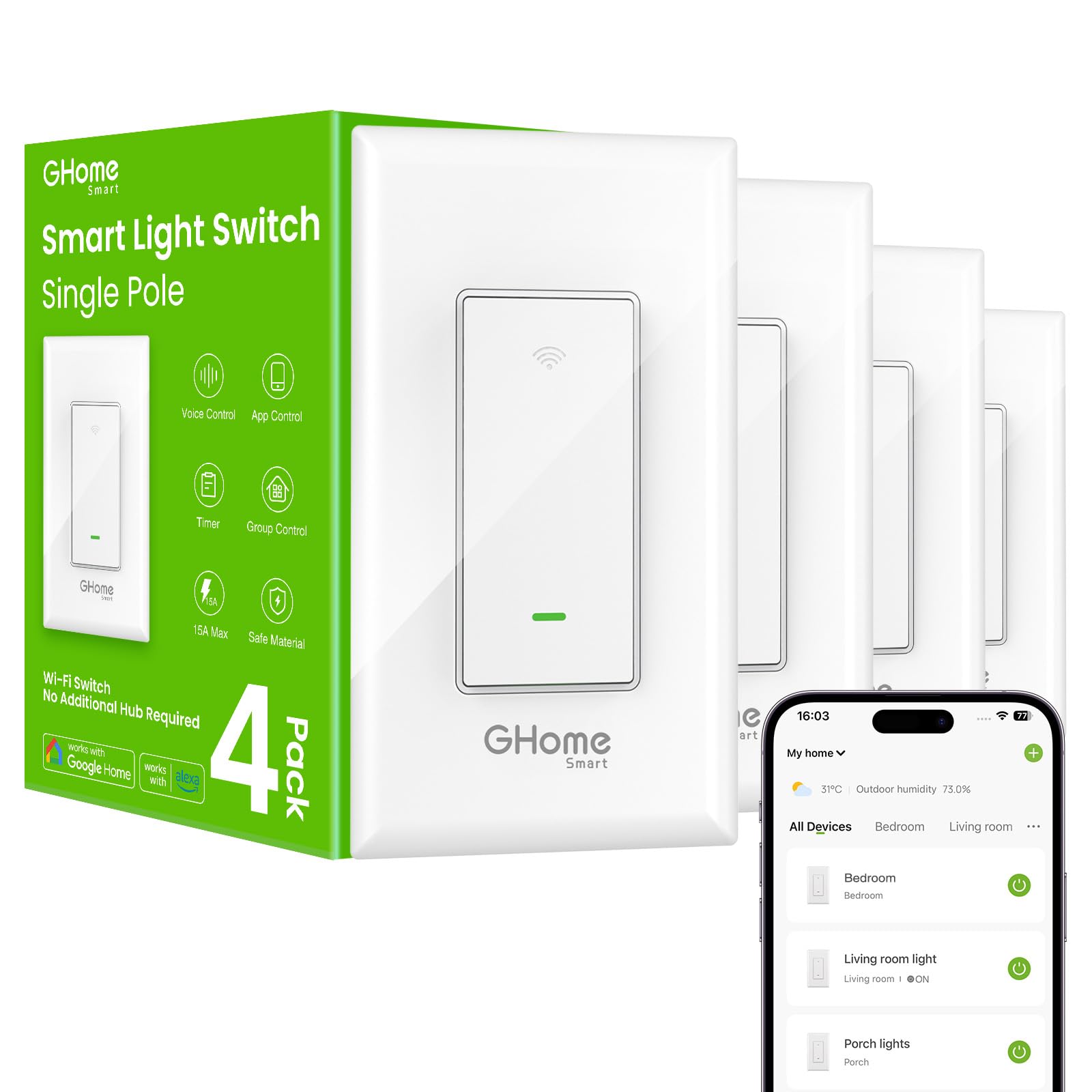 GHome Smart Switches for Lights, Single Pole WiFi, Works with Ale - GHome Smart Official Product View 2