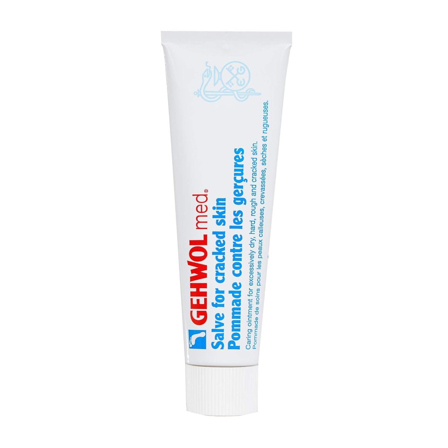 Elefair GEHWOL Med Salve for cracked skin, 2.6 oz, showing the soothing cream in a jar with cracked skin in the background.