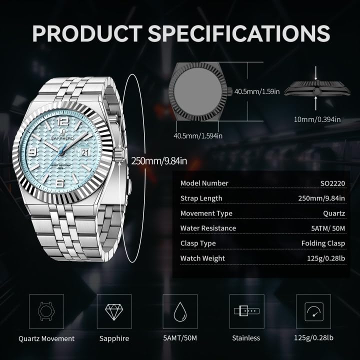 SAPPHERO Mens Watches Men’s Quartz Analog Watch Stainless Steel - Product Imagery