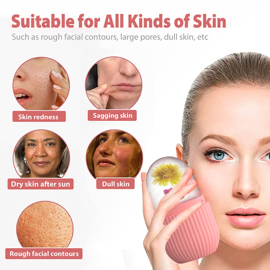 Pink XHJRI Ice Cube Roller Massager for face and neck, featuring a smooth roller design for cooling skincare therapy.