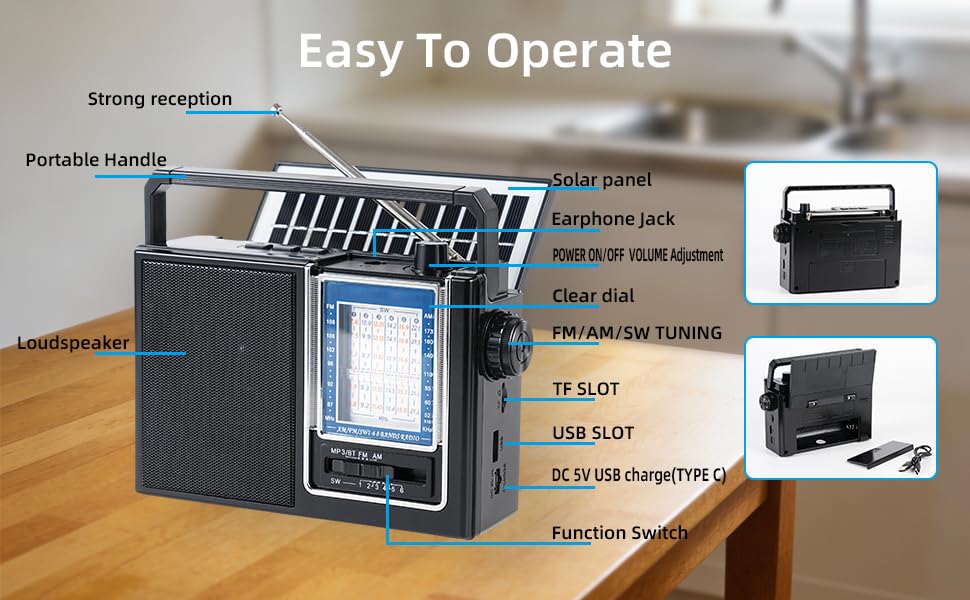Nuoyida Retro AM/FM Bluetooth Radio, Solar/USB/Battery