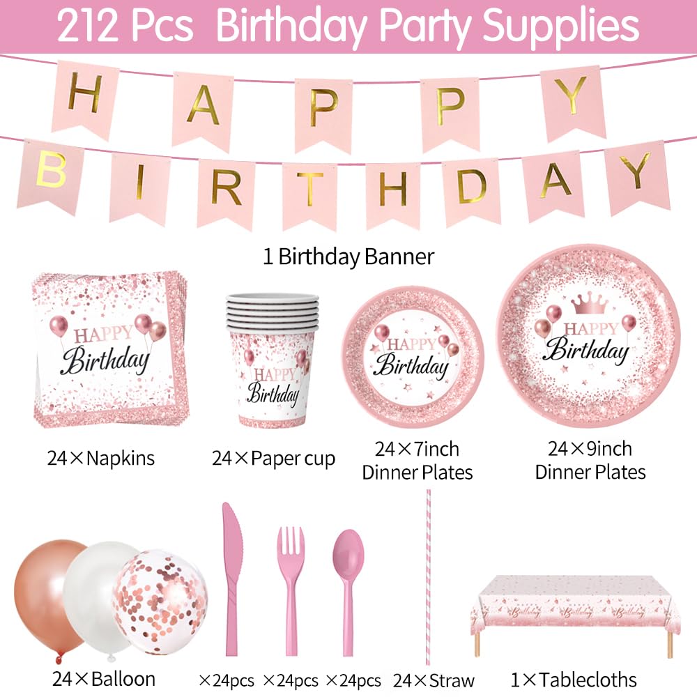 Rose Gold Birthday Party Supplies 212Pcs Disposable Party - Fishdown Official Imagery - 8