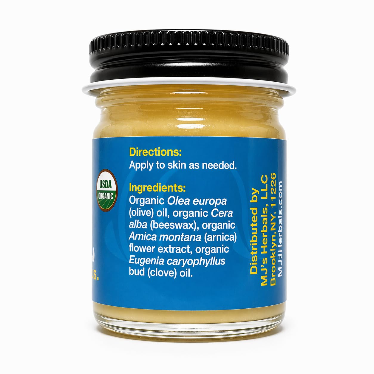 MJ's Herbals Organic Arnica Salve, botanical skin moisturizer in a 1 oz tin, ideal for soothing and nourishing skin.