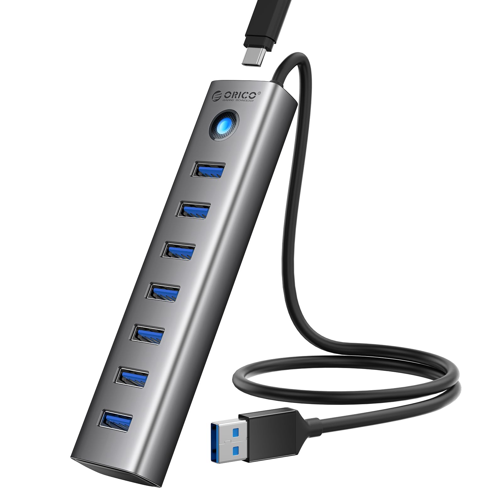 ORICO 7-port USB 3.0 hub with aluminum design, multiple USB splitter, 1.64ft cable, ideal for desktop PCs and mobile HDDs