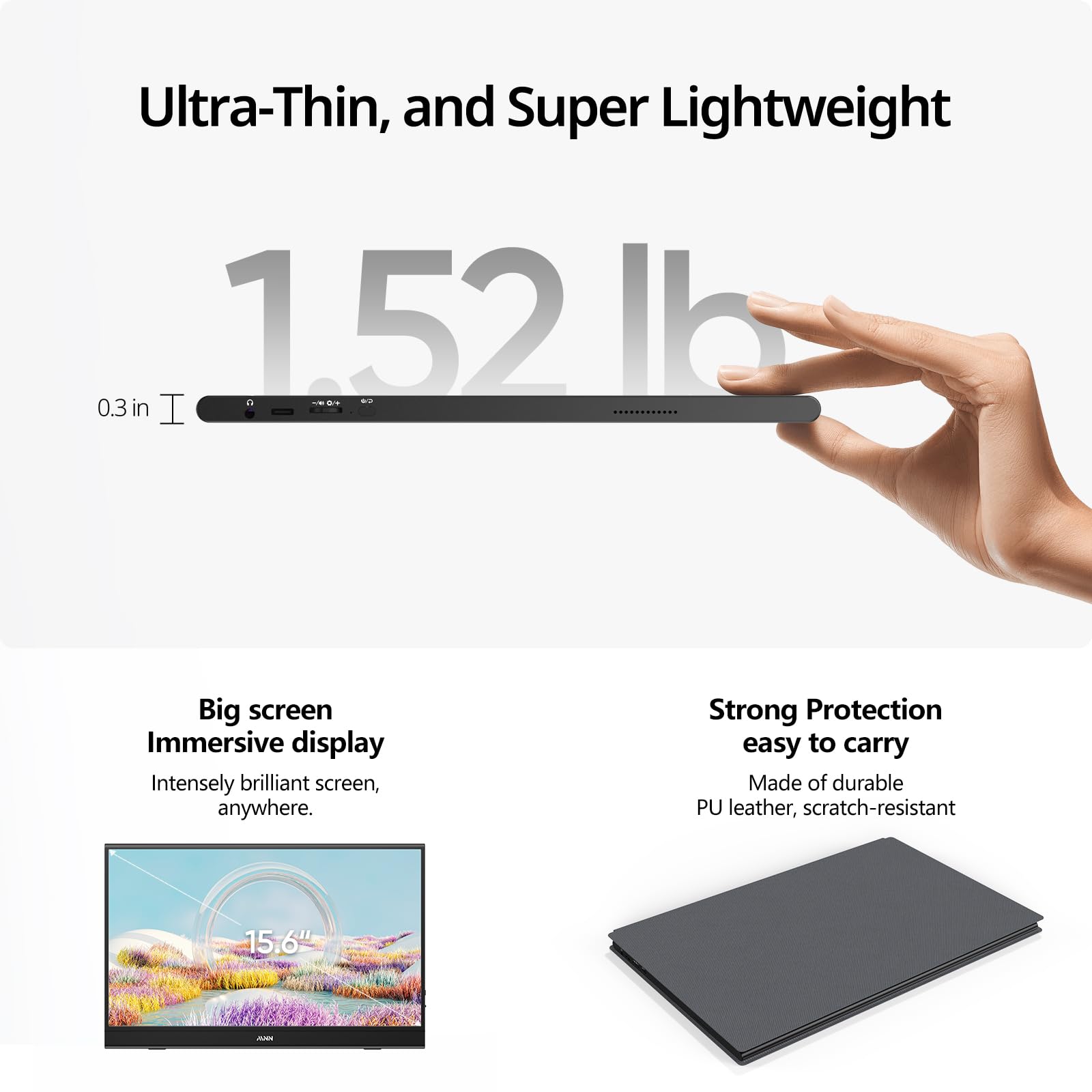 MNN 15.6-inch FHD portable monitor with IPS display, USB-C and HDMI connectivity, ideal for gaming and laptop use.