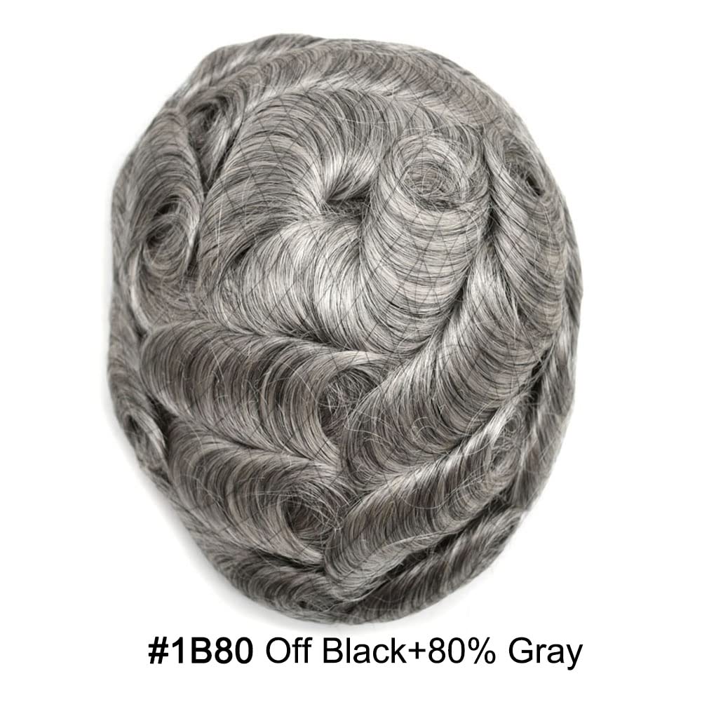 Curve Hair Mens Toupee Human Hair Piece Replacement System Monofilament Wig Hair Unit for Men Durable Poly Coated Mens Hairpiece (#1B80 Off Black+80% Gray, 6"X9")
