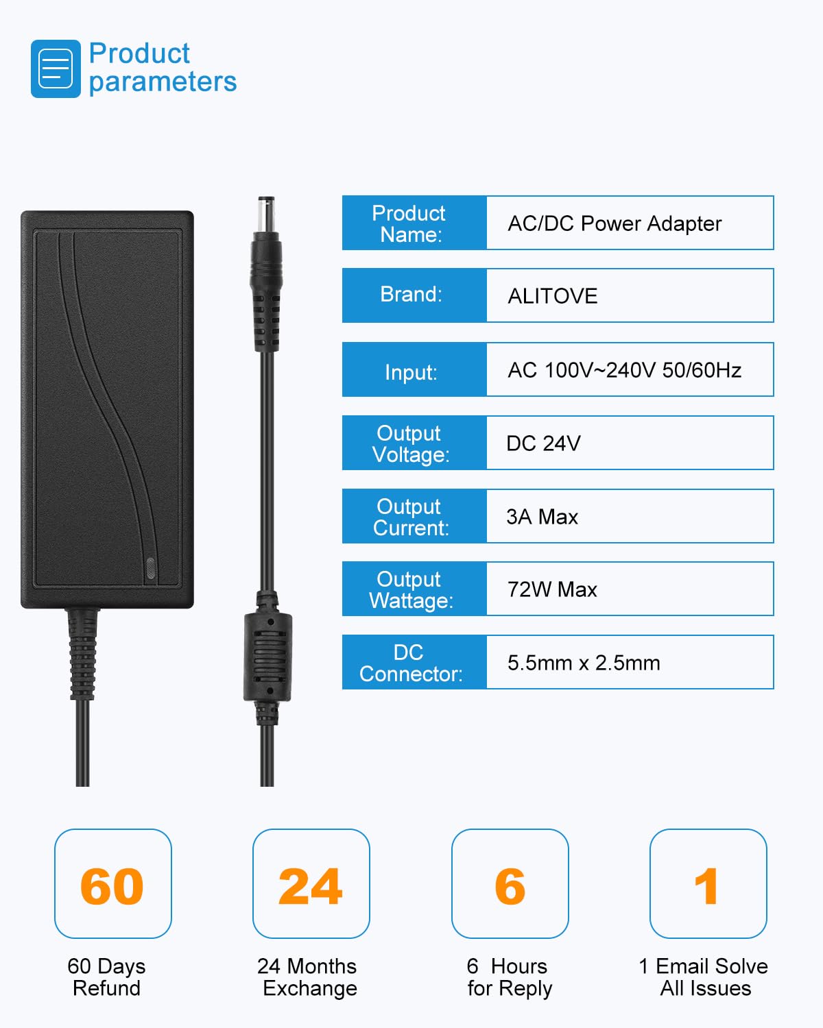 ALITOVE 24V 3A 72W AC to DC Adapter Power Supply Converter AC 100 - ALITOVE Official Product View 2