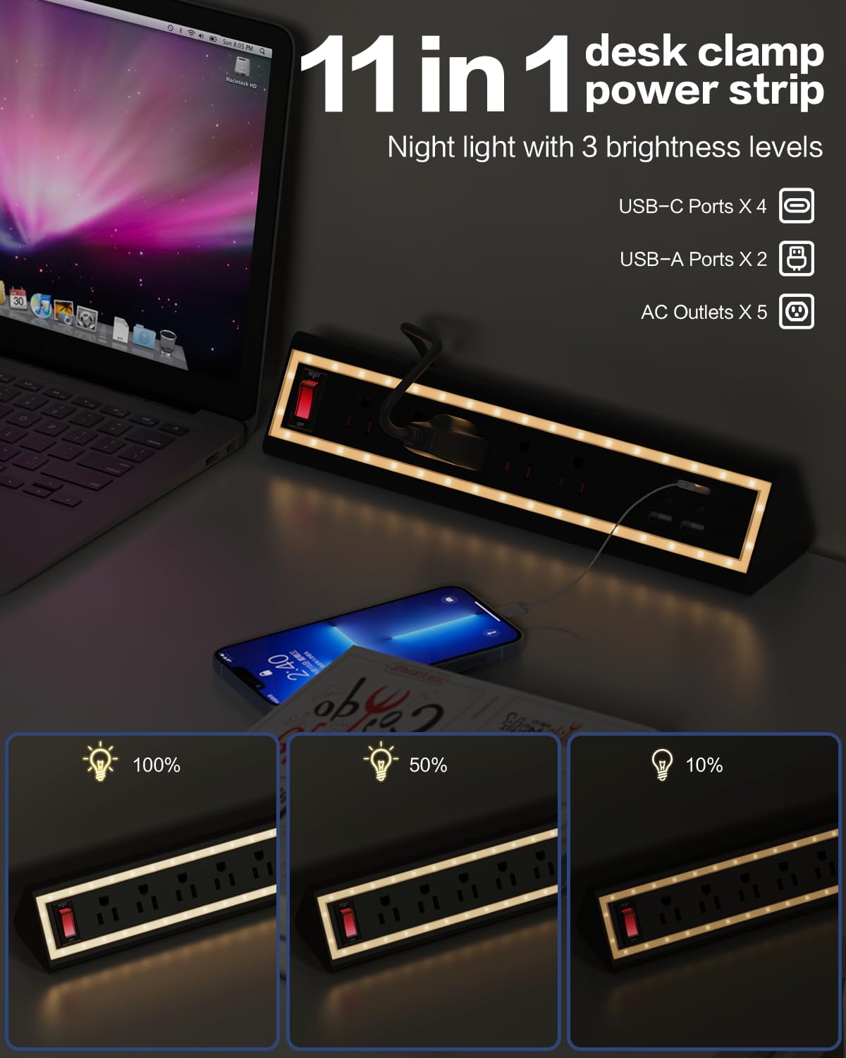 Desk Clamp Power Strip with Nightlight 40W Fast Charging 6FT - NYYTGE Official Imagery - 3