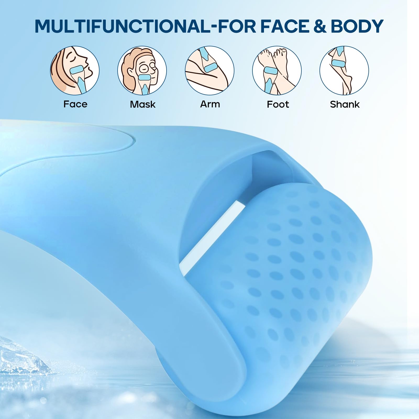 LATME ice roller massager for face and body, used for puffiness relief and skin cooling, shown in a close-up image.