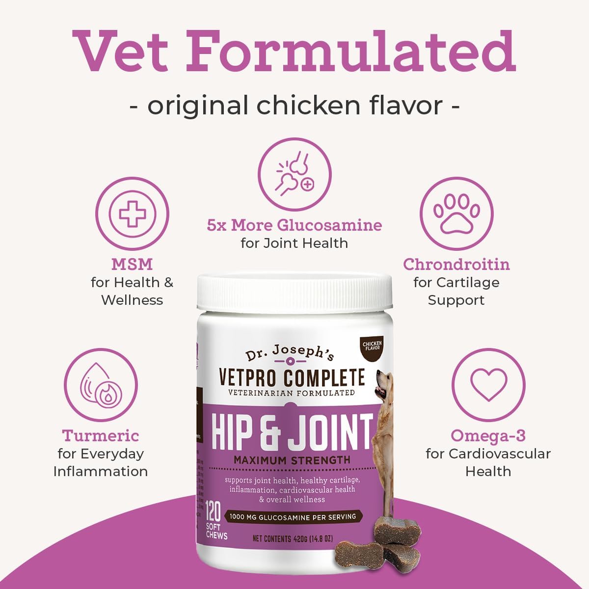 VetPro Complete dog hip and joint supplement bottle, designed for arthritis pain relief in dogs.