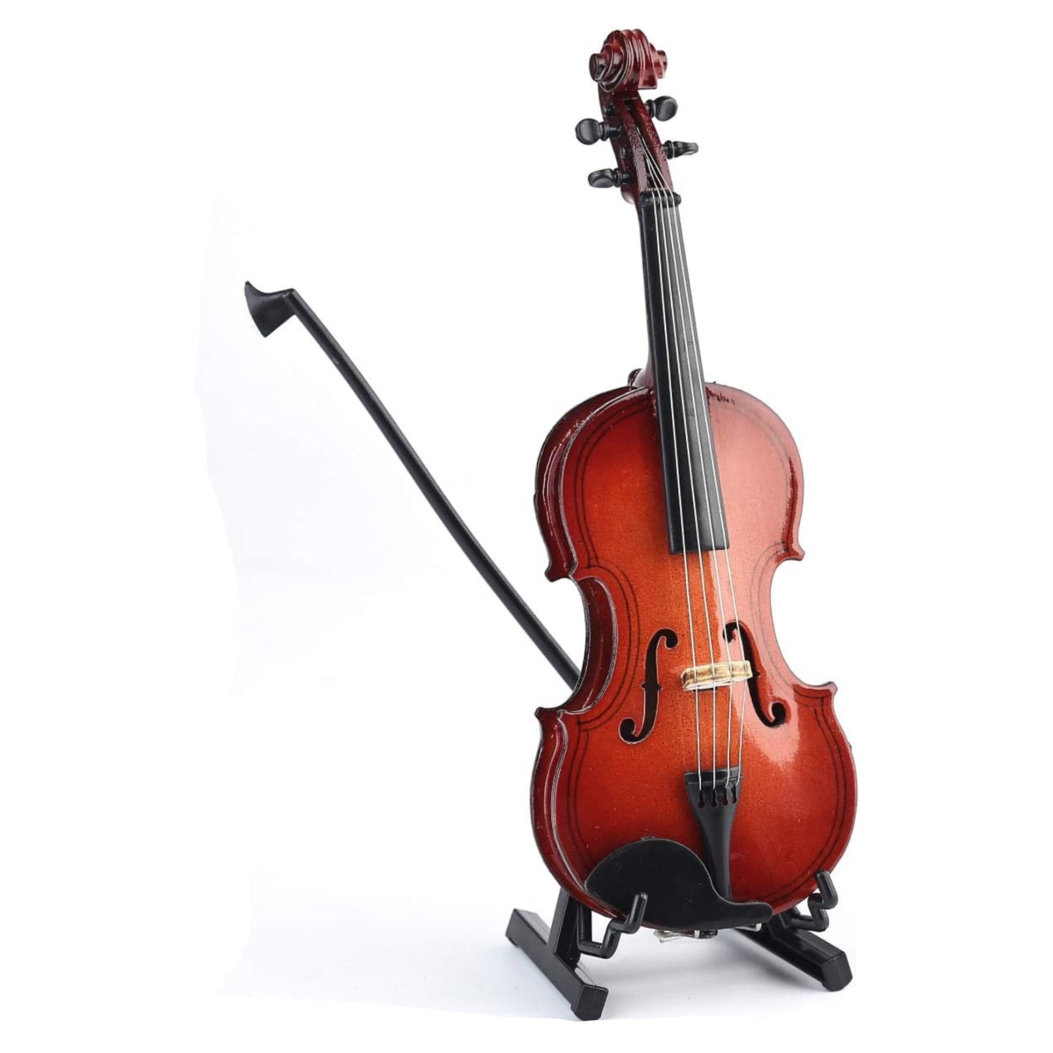 Miniature Dselvgvu violin with stand, bow, and case, measuring 6.31"x2.24"x0.98" for display or collection.