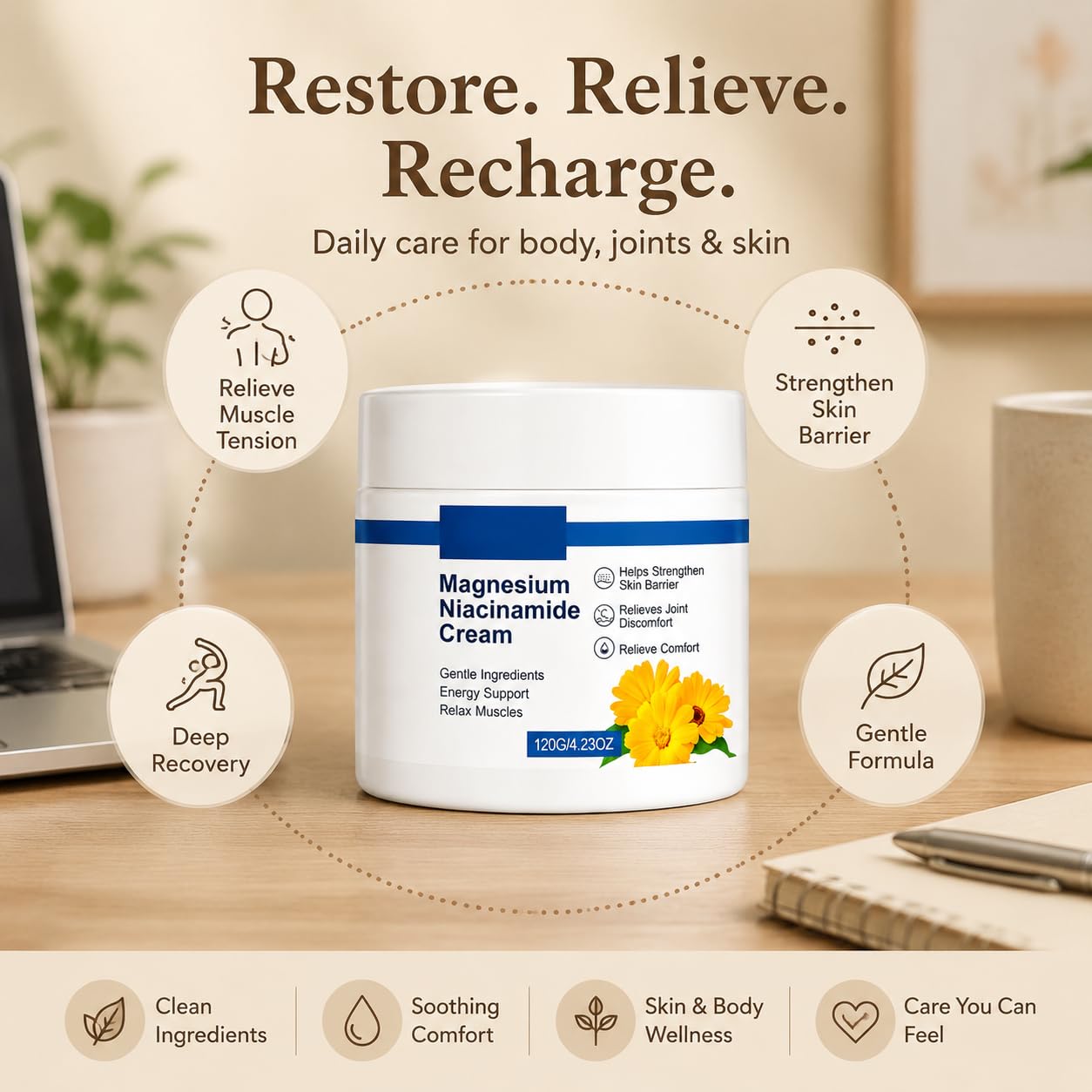 YASERDE Magnesium and Niacinamide Relief Cream 4oz skin moisturizer with soothing ingredients for healthy skin, shown in the image.