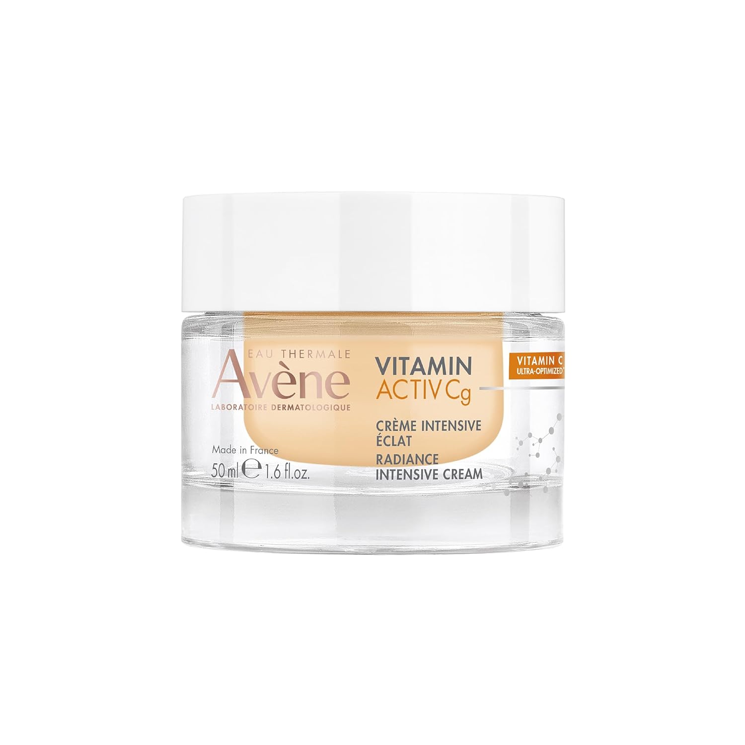 Avène Vitamin Activ Cg Radiance Intensive Cream jar with orange and white packaging, featuring the product label and lid.
