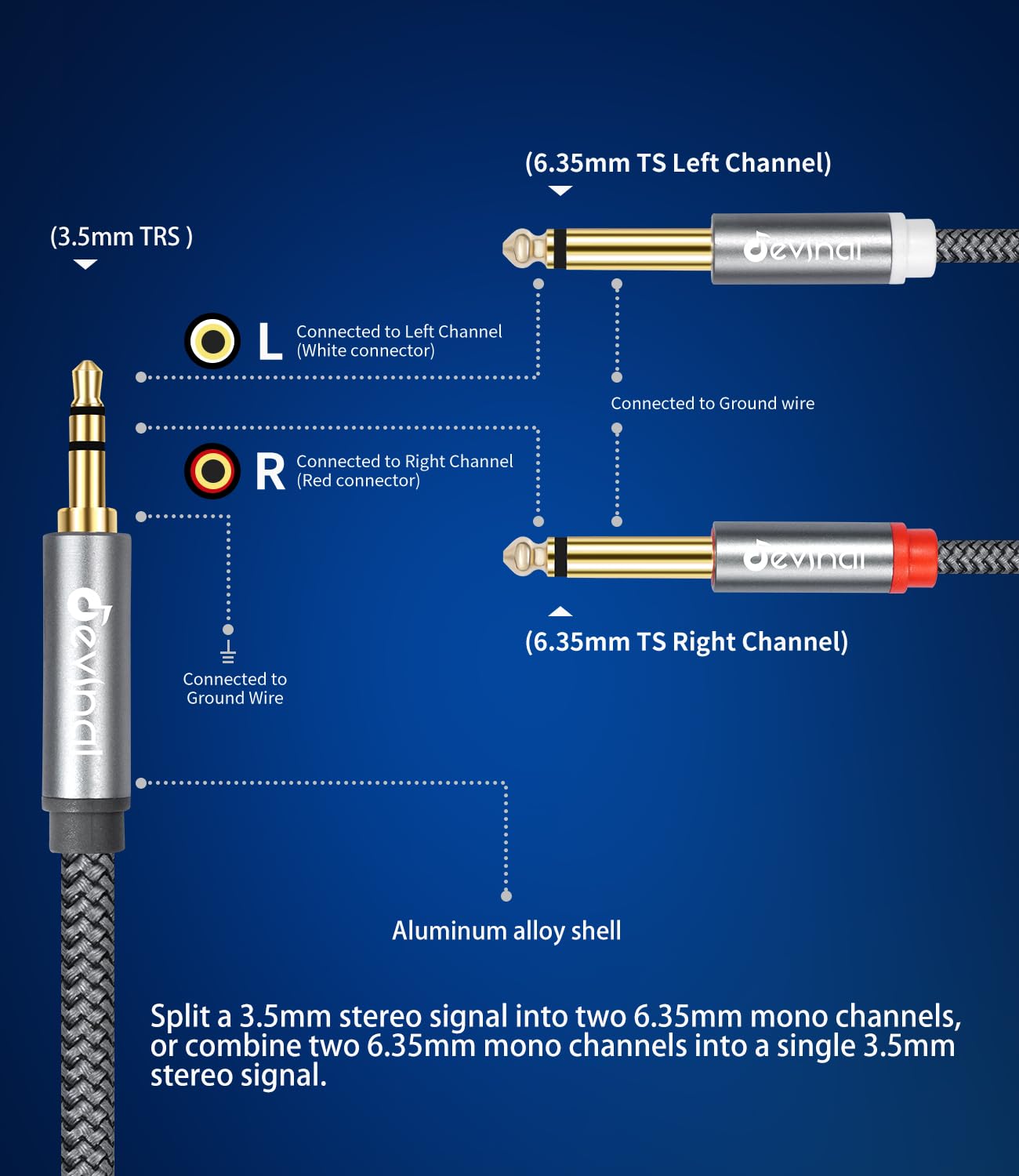 Devinal 3.5mm TRS to Dual 6.35mm TS Mono Audio Cable, 3.3FT, Brai by Devinal - Angle View 4