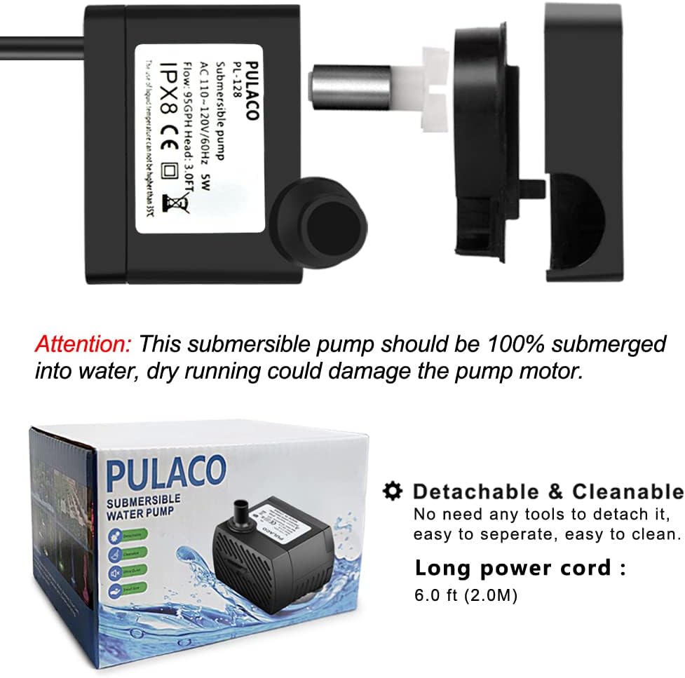 PULACO 95GPH 5W mini submersible water pump with 3.3 ft tubing, suitable for aquarium fish tanks, in black and compact design.