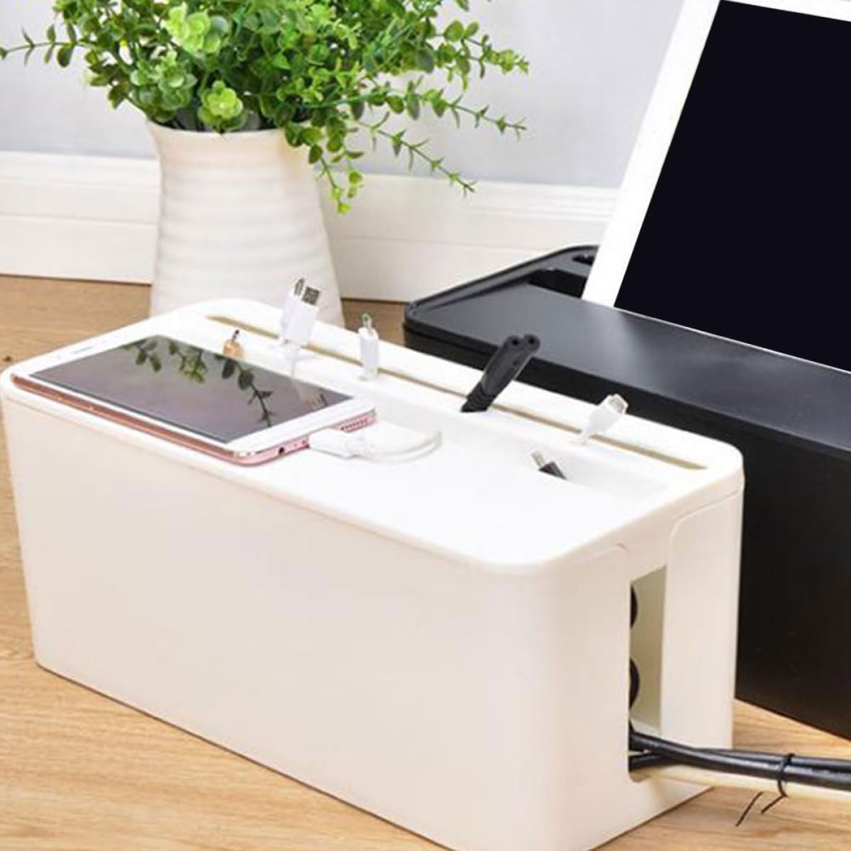 Housoutil Black Plastic Wire Organizer Box with Lid for Cable Storage
