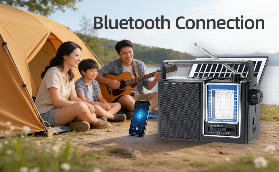 Nuoyida Retro AM/FM Bluetooth Radio, Solar/USB/Battery
