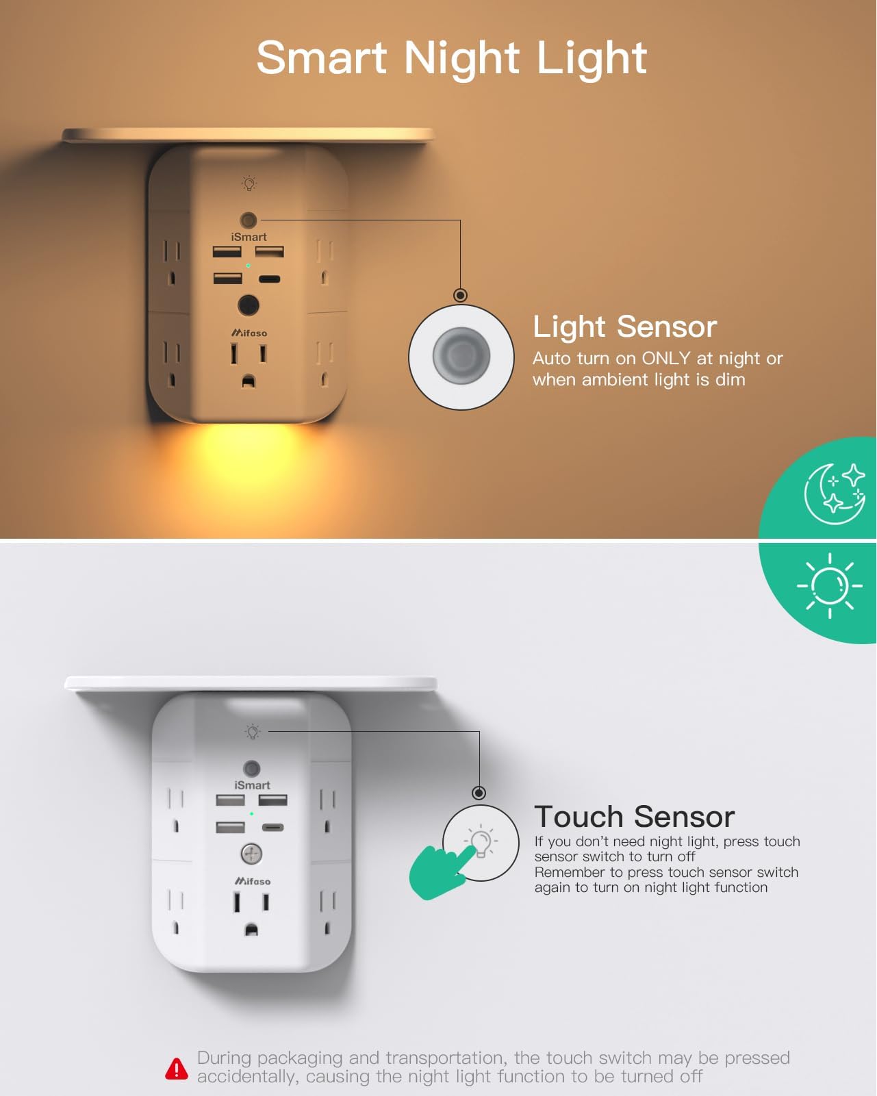 Mifaso Outlet Extender with Shelf and Night Light, 1800J Surge Pr - Mifaso Official Product View 3
