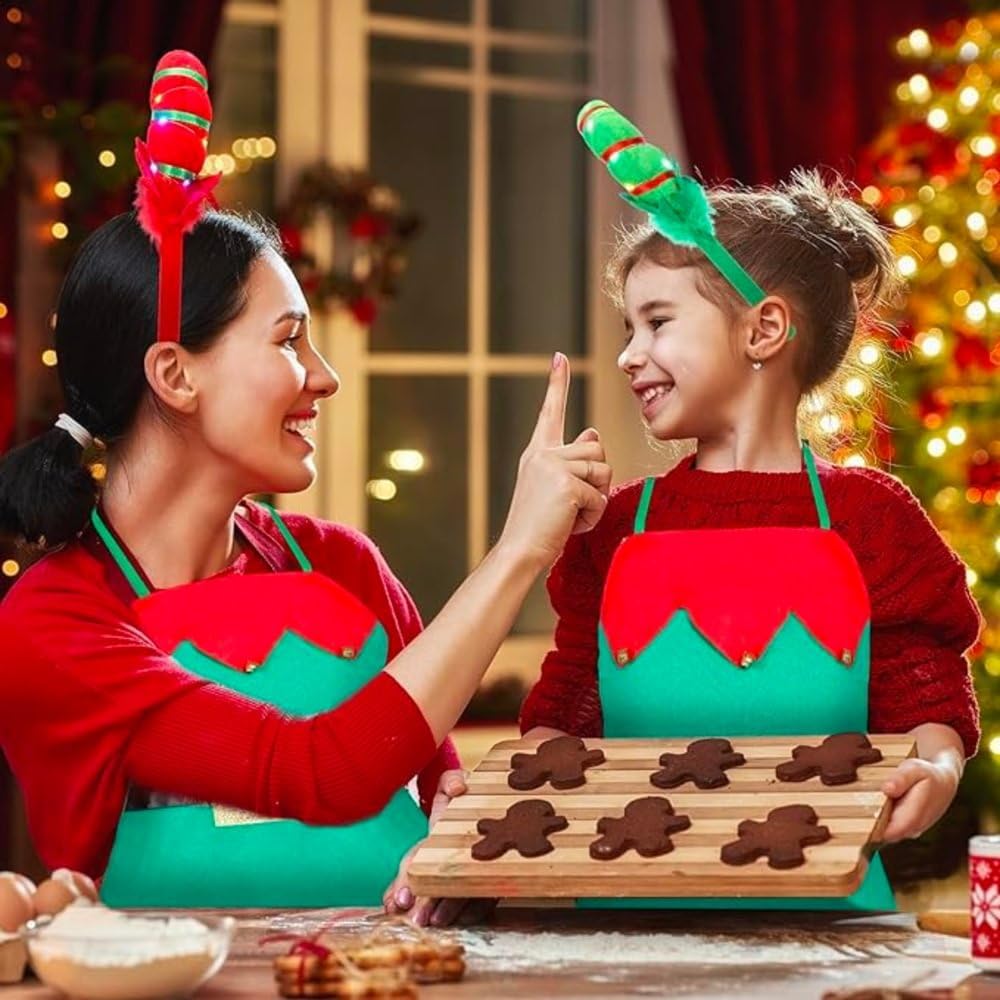 Red and green elf apron for teens and adults, premium quality fabric, standard size, featuring festive holiday design.