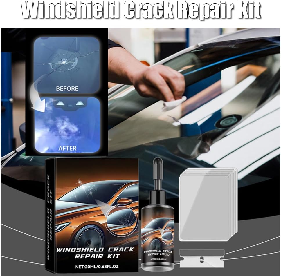 Two-piece windshield crack repair kit with liquid resin for fixing chips, cracks, and chips on automotive glass, mirrors, and windows.
