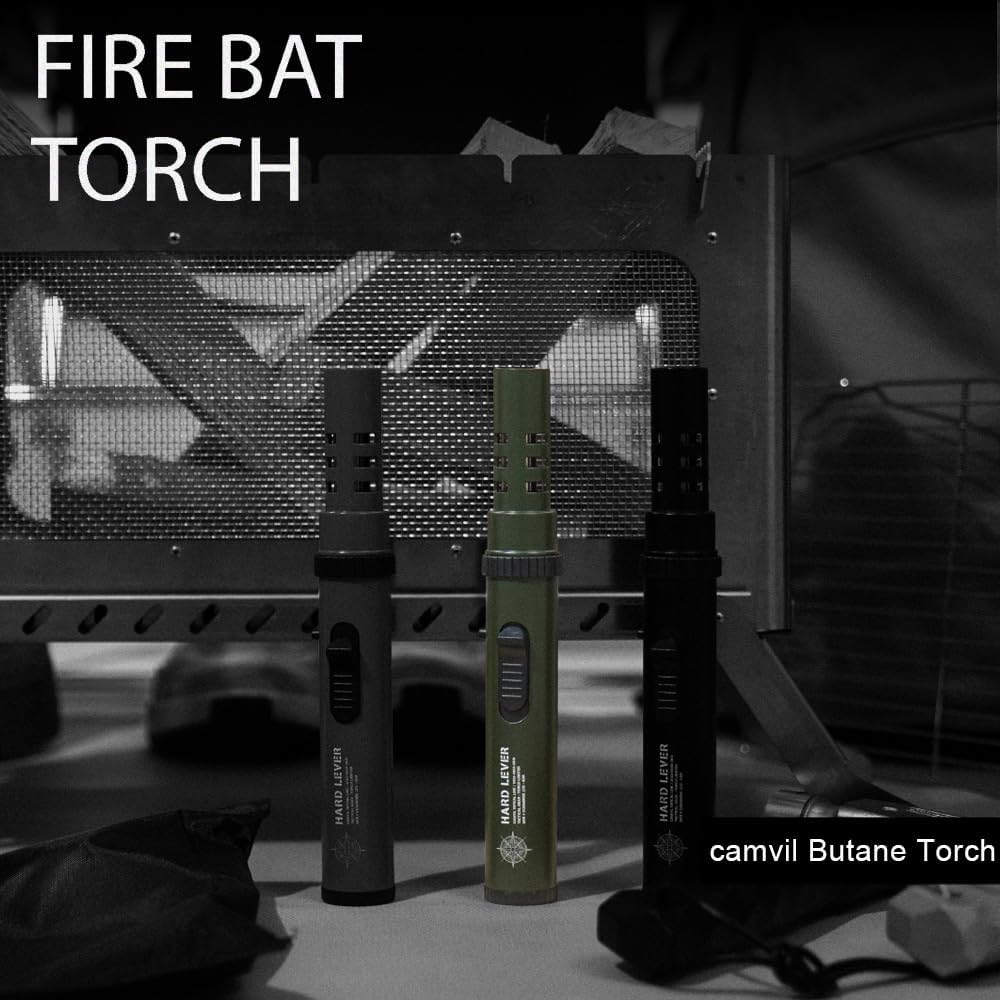 Camvil camping torch lighter with windproof jet flame, refillable butane, compact design for outdoor and camping use
