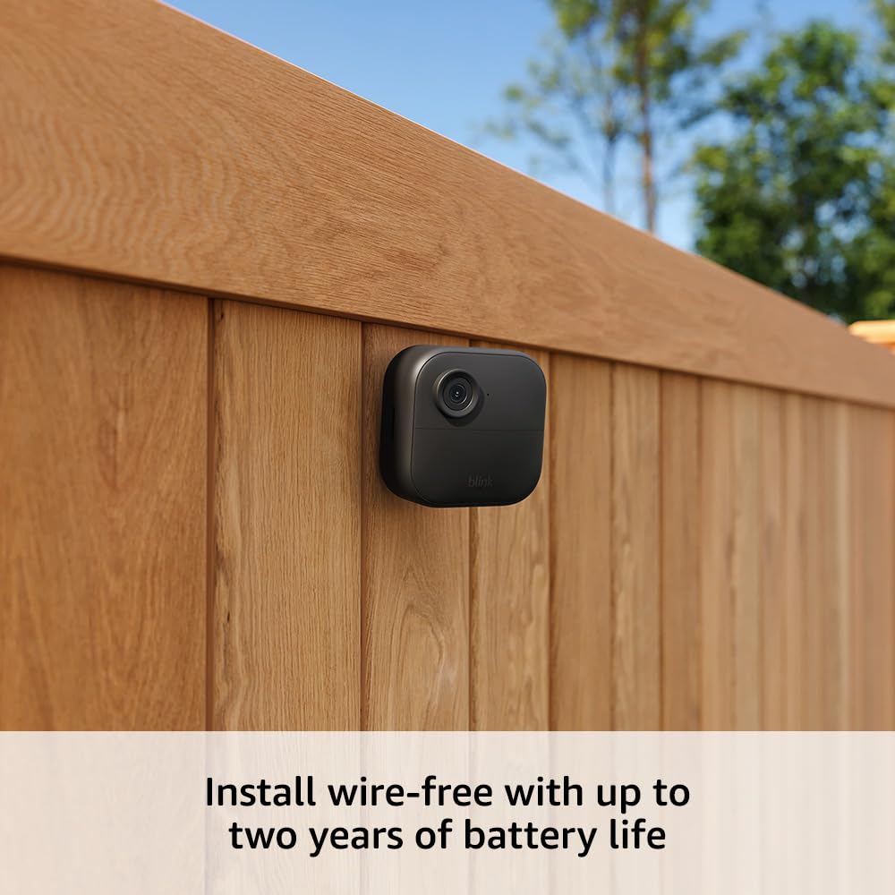 Blink Outdoor 4 wireless smart security camera with two-way talk and long-lasting battery, shown with mounting options.