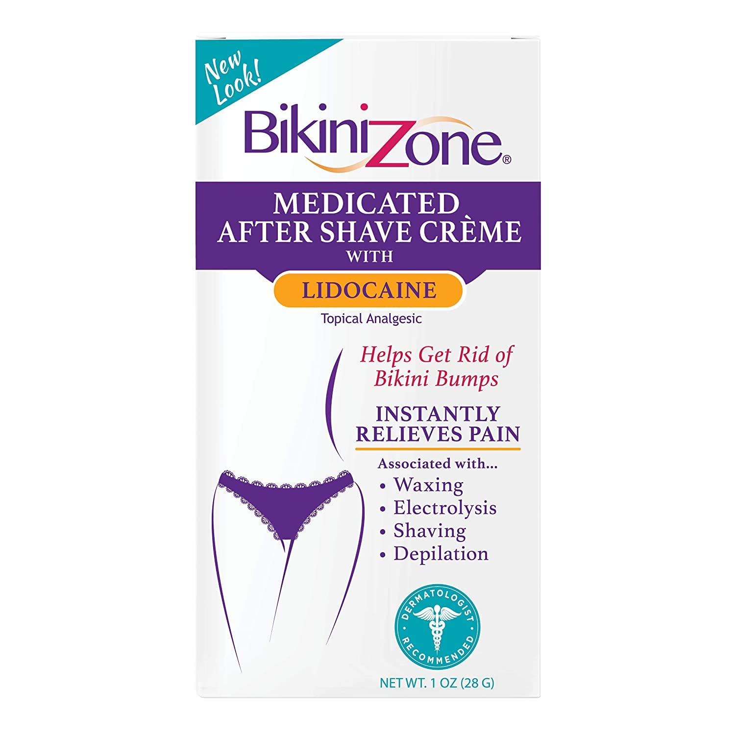 Bikini Zone Medicated After Shave Crème in a 1 oz tube, designed for soothing and calming skin after shaving.