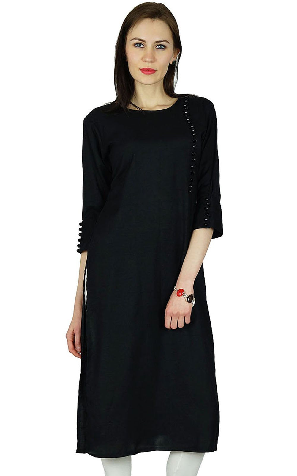 Women Black Rayon Kurta Kurti 3/4 Sleeve Formal Casual Tunic - Product Imagery