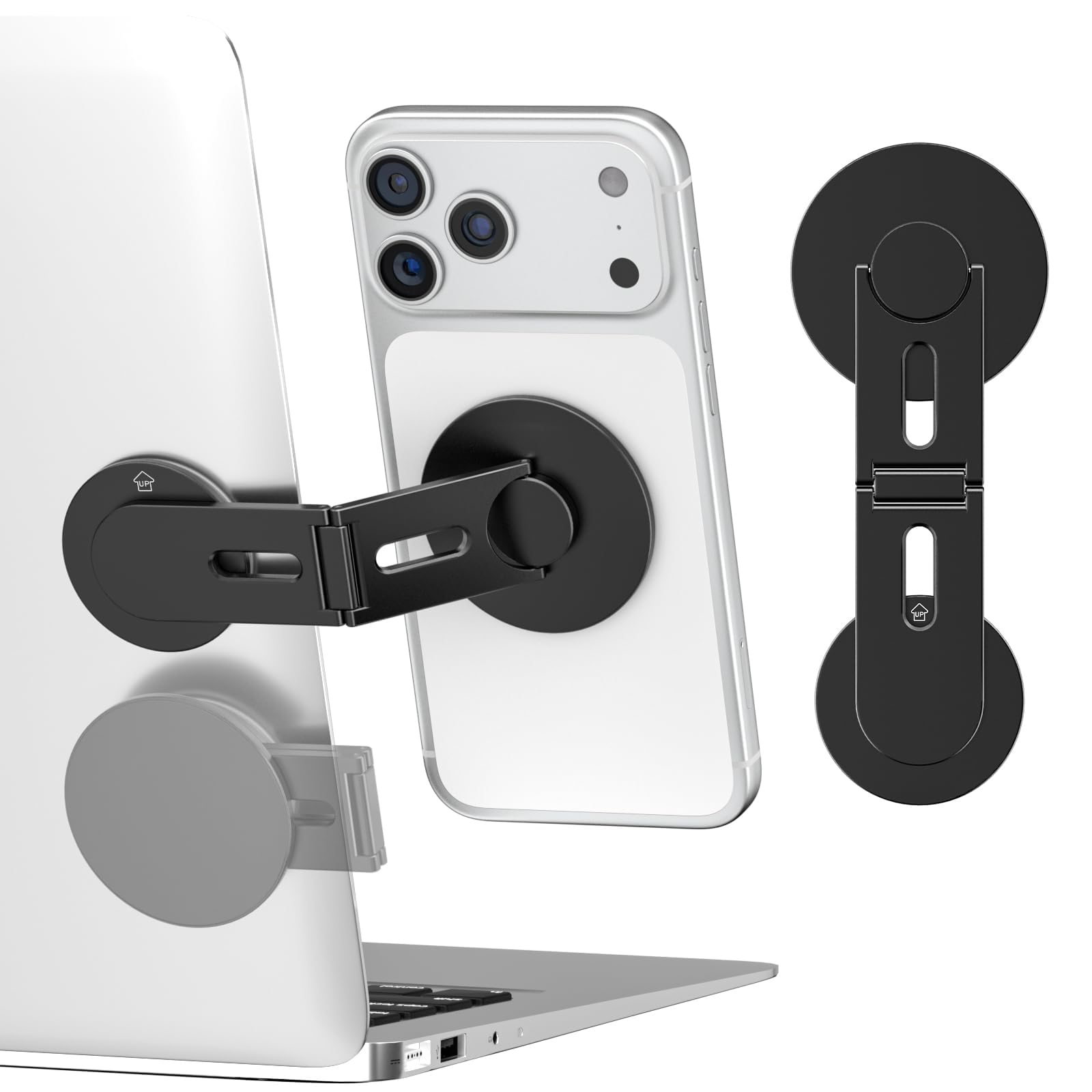 CloudValley magnetic portable phone holder stand with clamp, black, for iPhone 13-17, laptop, monitor, Tesla Model 3/Y, foldable design