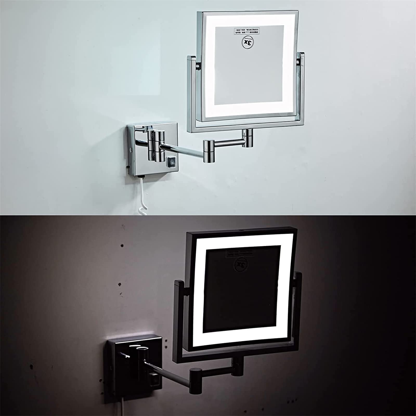 Wall-mounted brass LED makeup mirror with 360° rotation, double-sided 1x/3x magnification, illuminated bathroom mirror.
