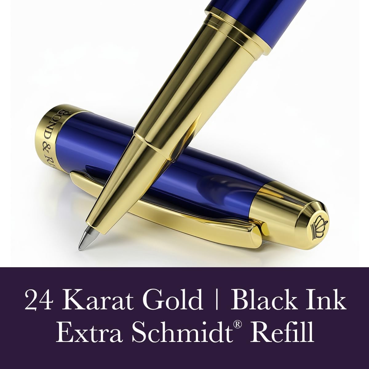 Bond & Regent 24K gold luxury rollerball pen in royal blue with gold accents, showcasing elegant design and smooth writing tip.