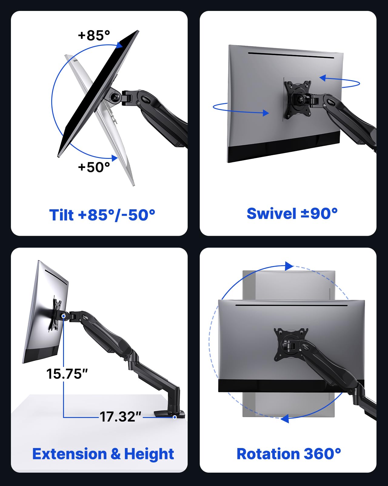 HUANUO FlowLift™ Single Monitor Mount, 13 to 32 Inch Monitor Arm, Adjustable Monitor Stand, Vesa Mount with Clamp and Grommet Base - Fits 4.4 to 19.8lbs LCD Computer Monitors